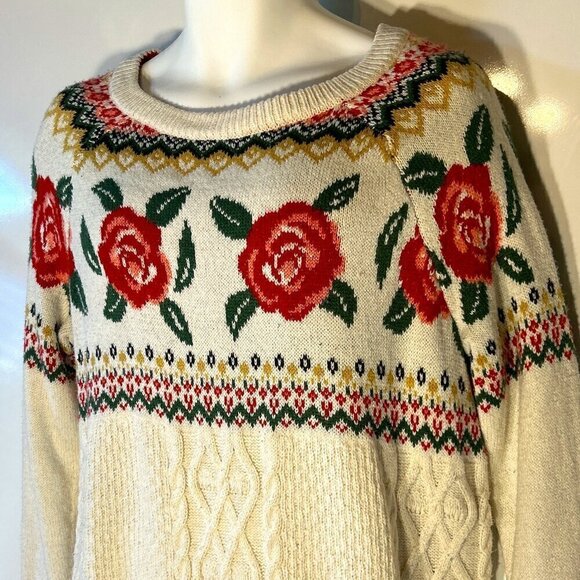 Mossimo SZS Vintage Ivory cable knit fair isle sweater Cottage Country Feminine - Picture 2 of 9